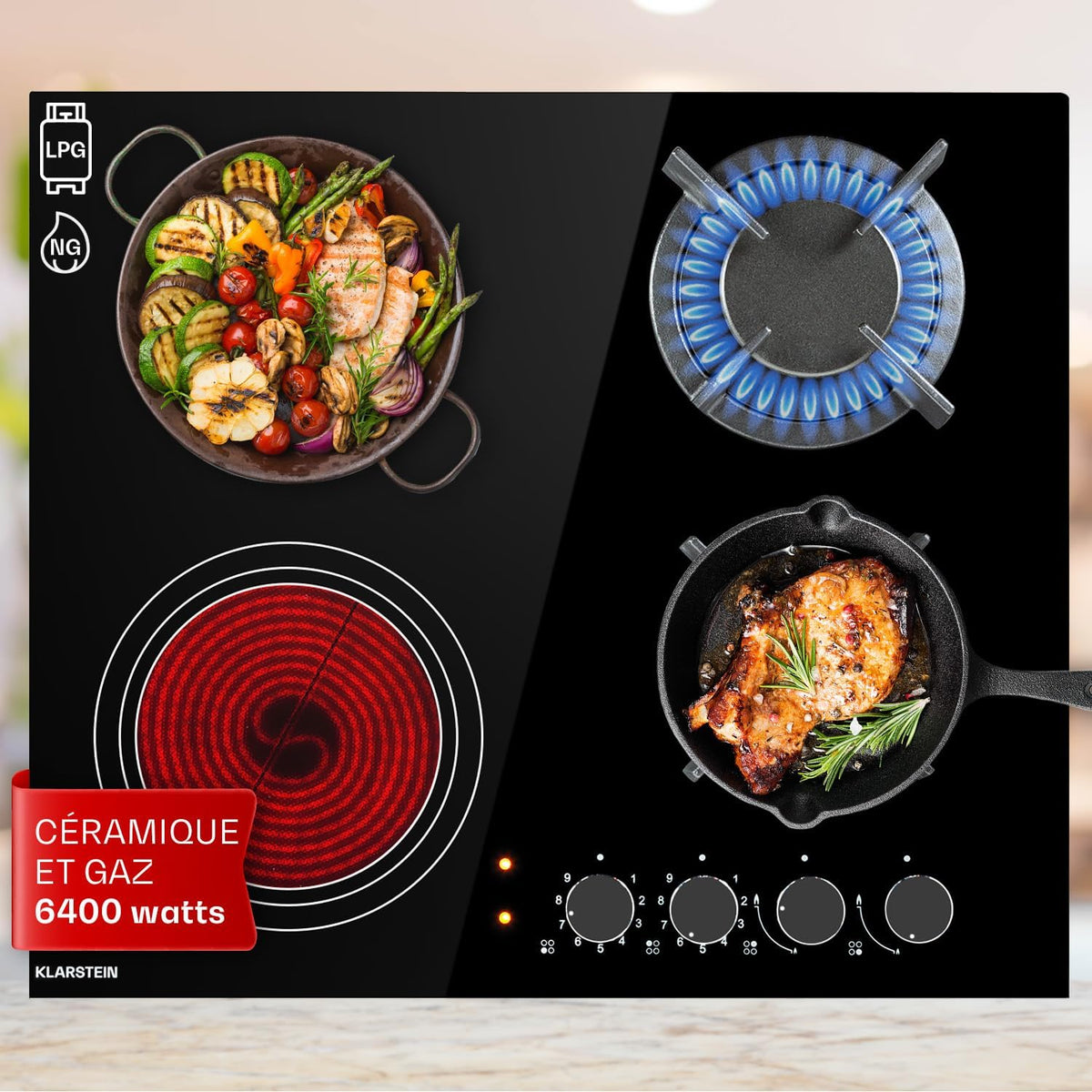 Klarstein table de cuisson, 6,4 kW, acier inoxydable, vitrocéramique, à gaz, encastrable, 4 feux