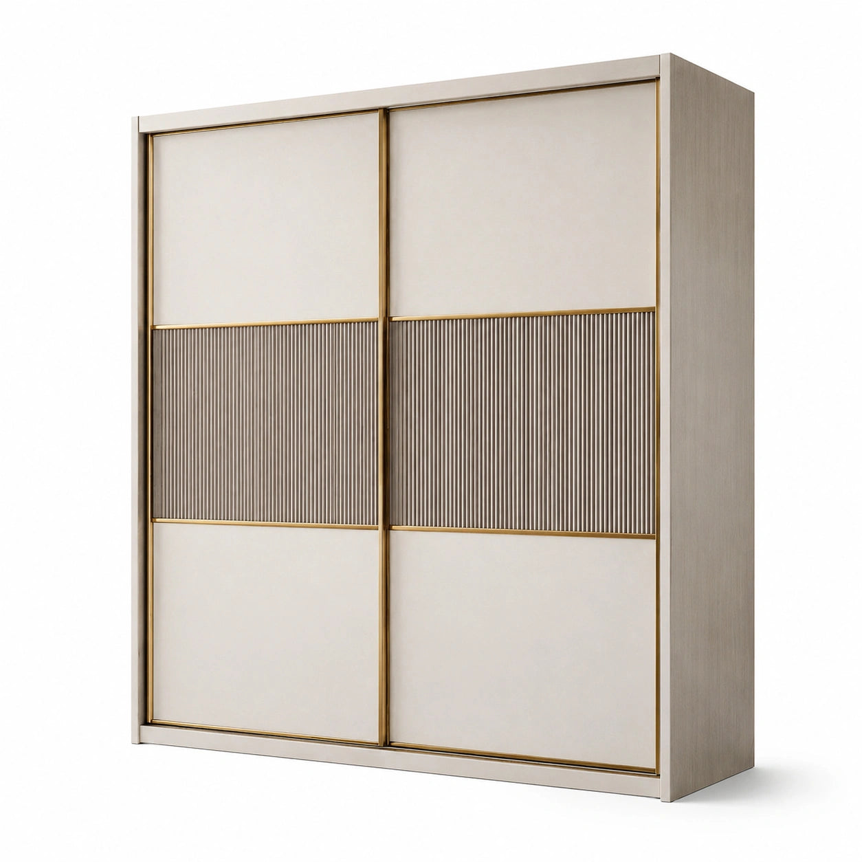 Armoire à portes coulissantes en bois composite et métal beige et gris 200x220x58 cm
