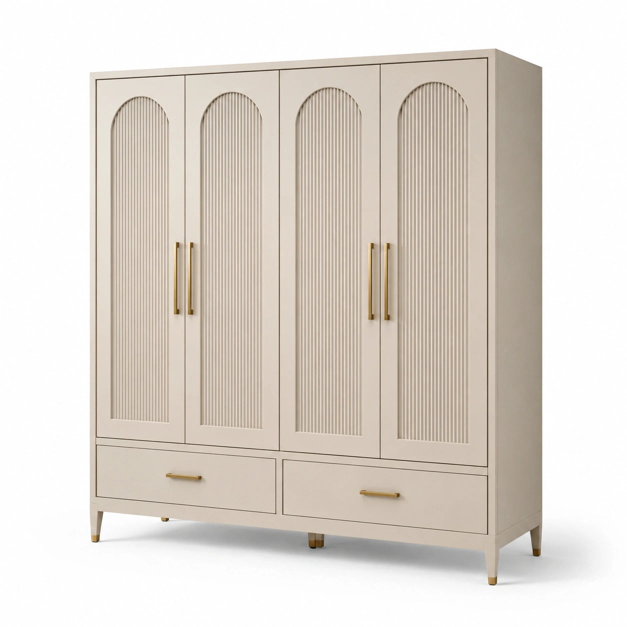 Armoire en bois massif beige avec poignées dorées