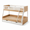 Lit superposé en bois et MDF avec échelle et tiroirs blanc/naturel