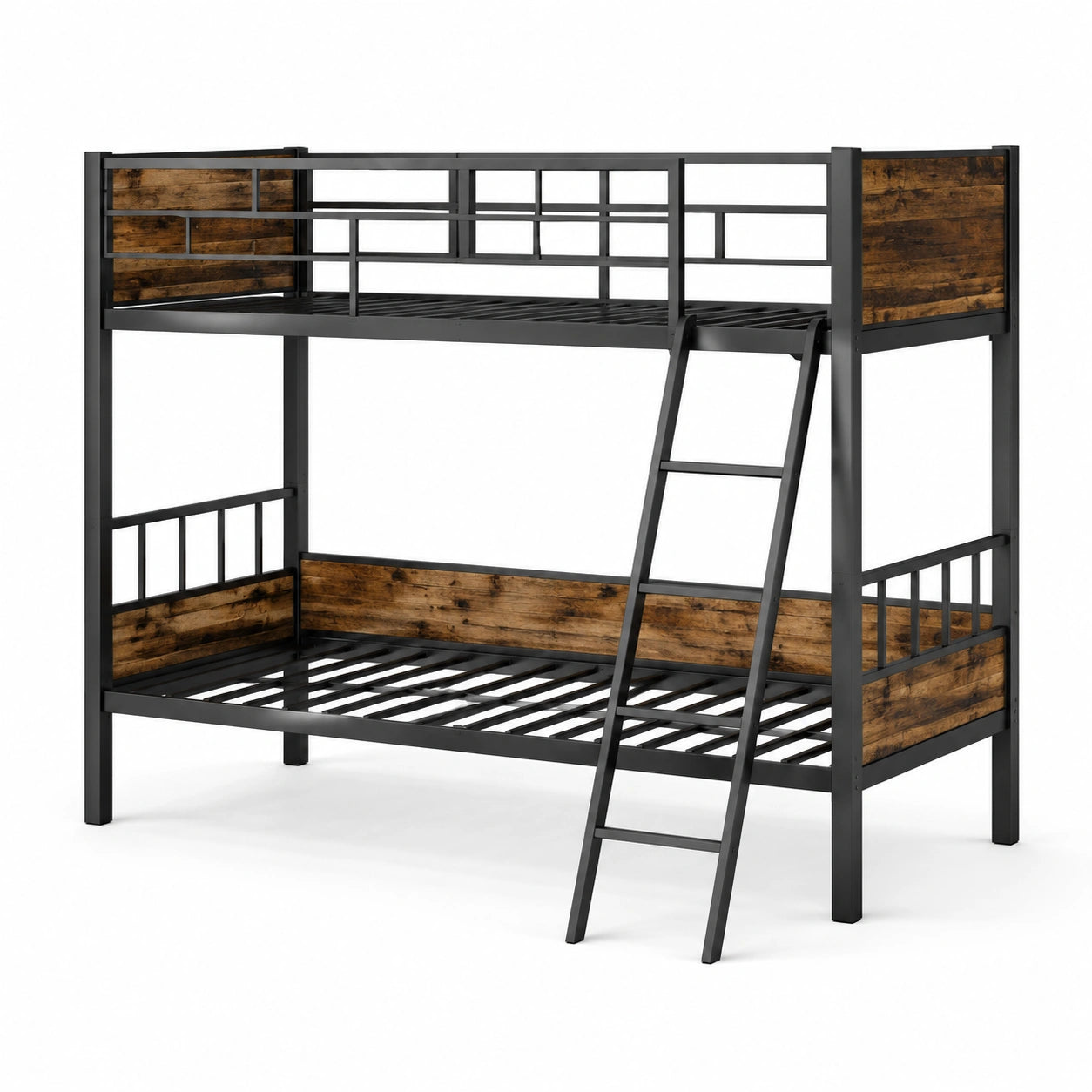 Lit superposé en métal et bois noir marron 200x90 cm