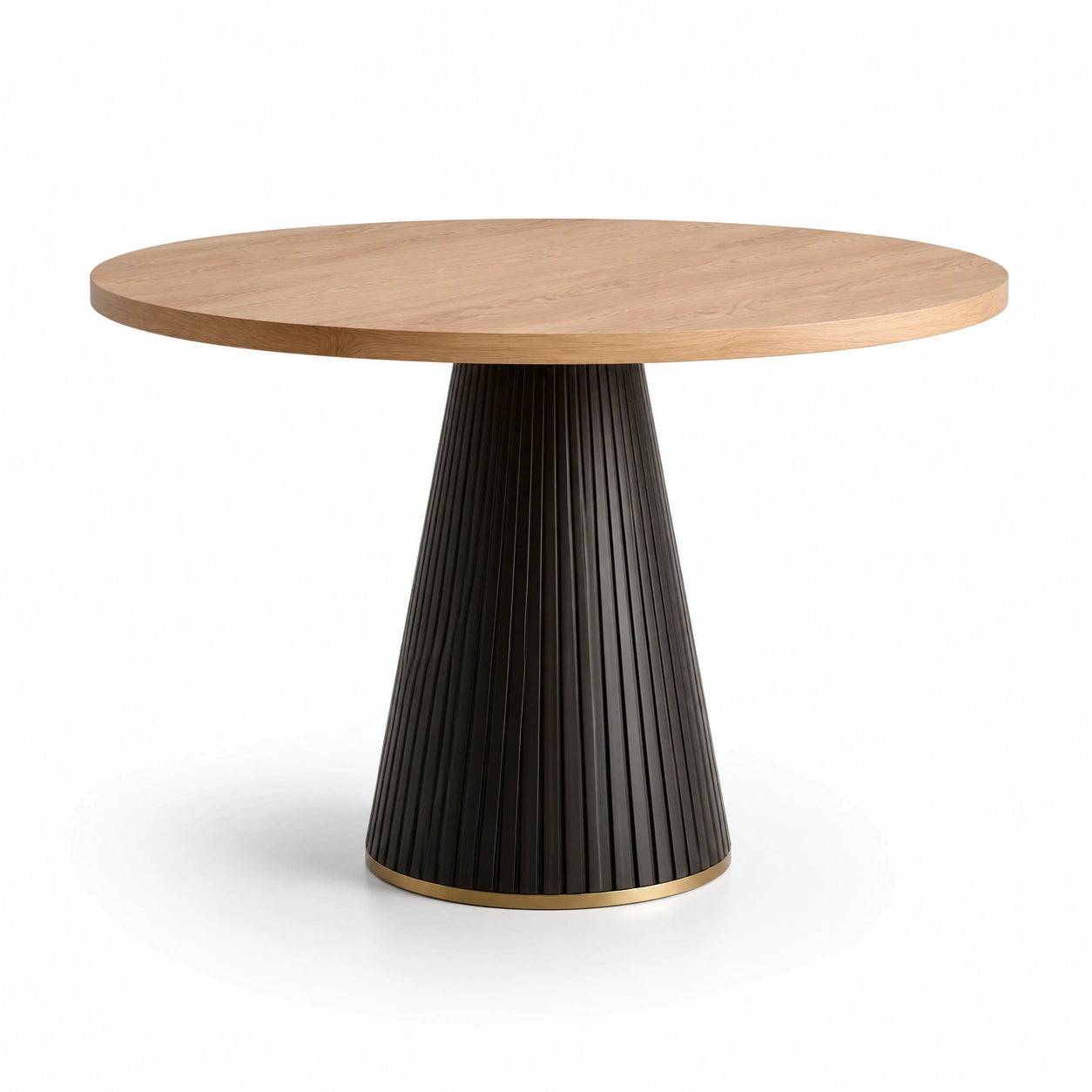 Table ronde en chêne et métal noir avec base conique, diamètre 120 cm