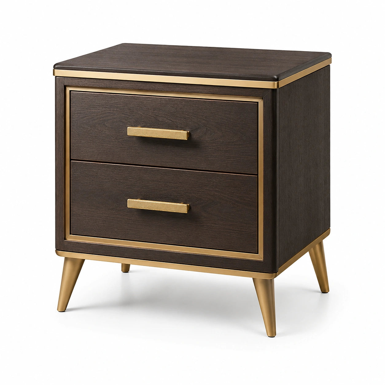 Table de chevet en bois avec finition en métal doré et 2 tiroirs