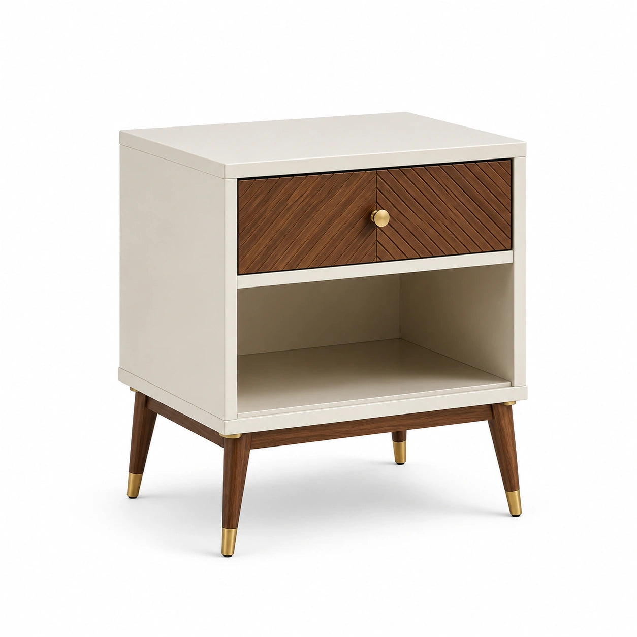 Table de chevet MDF crème et bois naturel avec tiroir