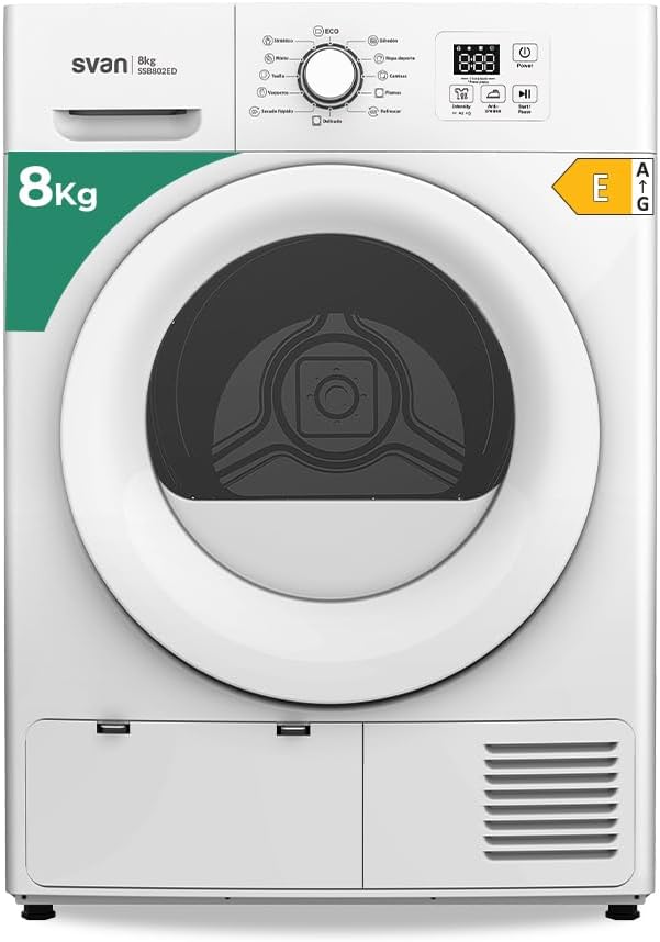 Sèche-linge SSB802ED, 84 cm, 8 kg, 700 W, avec éclairage LED, blanc, pompe à chaleur, 12 programmes, SVAN