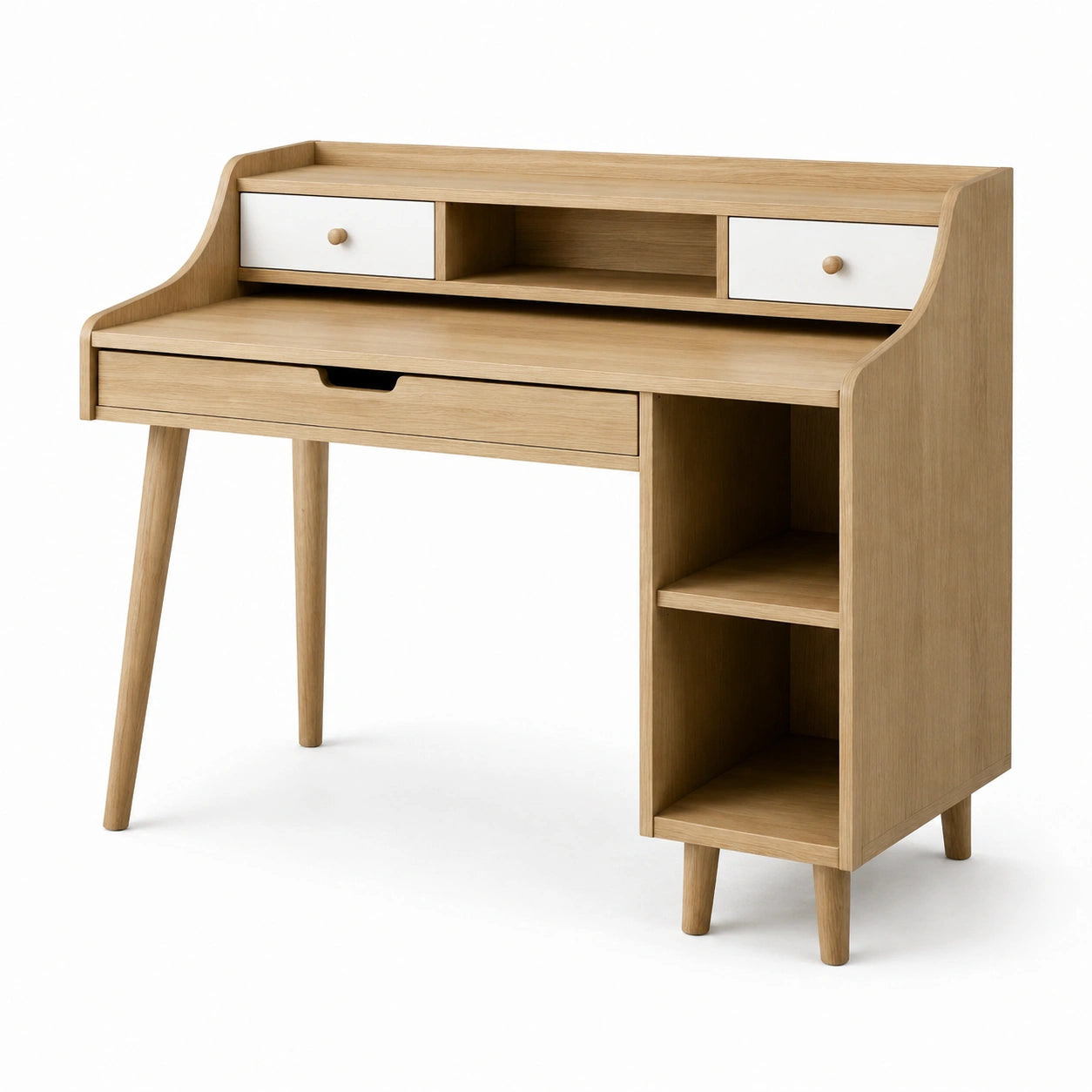 Bureau en bois de chêne clair avec tiroirs et étagères