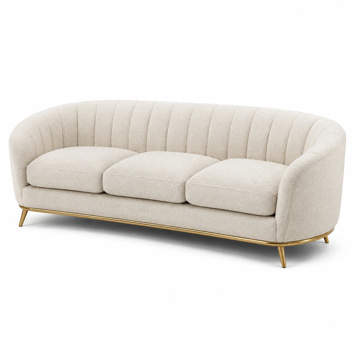 Canapé trois places en tissu bouclé beige avec pieds en métal doré