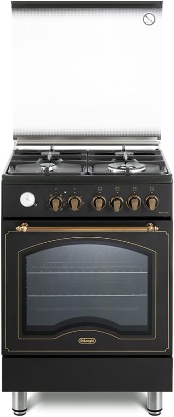 Cuisinière PEMA 664, 60 cm, noir, à gaz, électrique, 4 brûleurs, De'Longhi