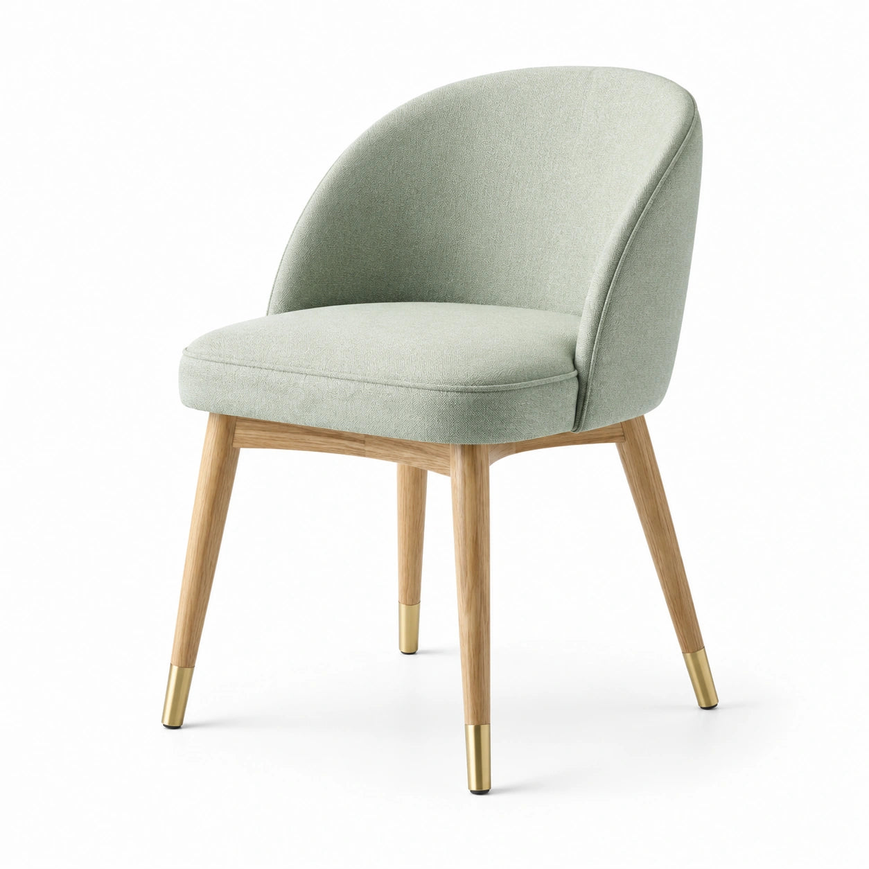 Chaise en tissu vert avec pieds en bois et embouts en métal