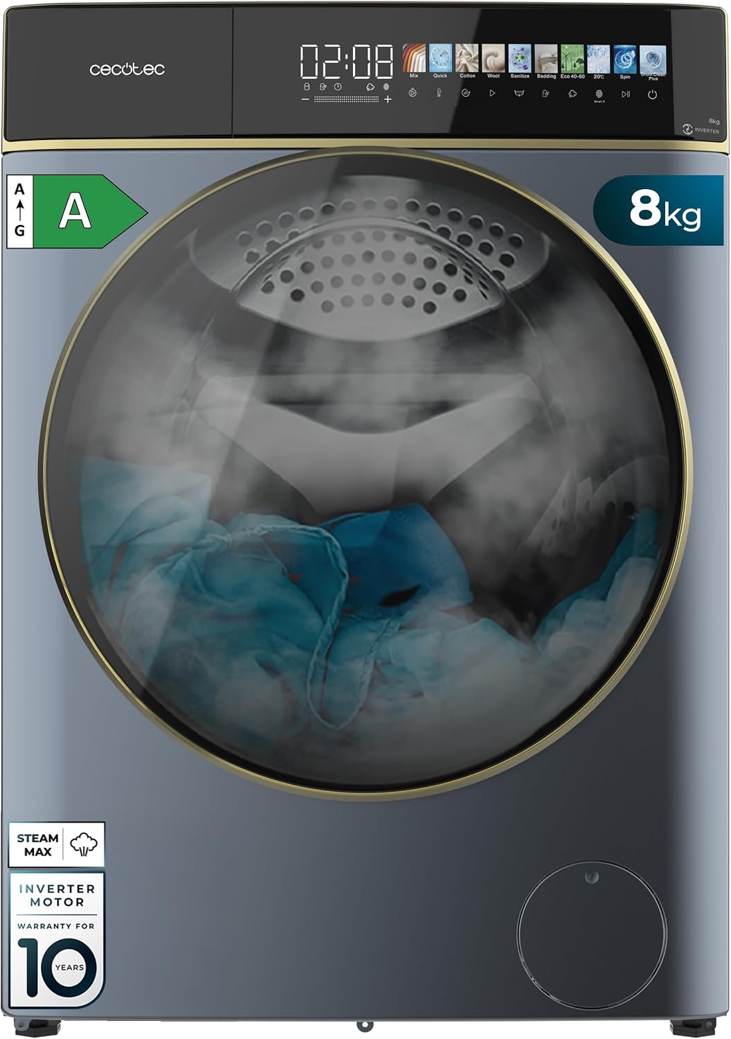 Cecotec lave-linge séchant, 52 cm, 8–5 kg, 1400 tr/min, 10,3 pouces, frontal, 11 programmes