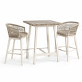 Ensemble table haute en bois composite et aluminium avec 2 tabourets en corde beige