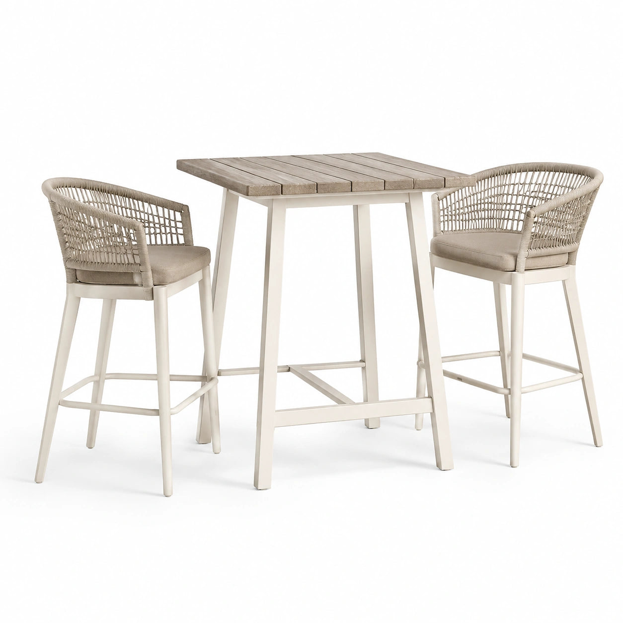 Ensemble table haute en bois composite et aluminium avec 2 tabourets en corde beige