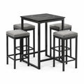 Table haute en métal noir avec dessus en marbre et 4 tabourets en tissu gris