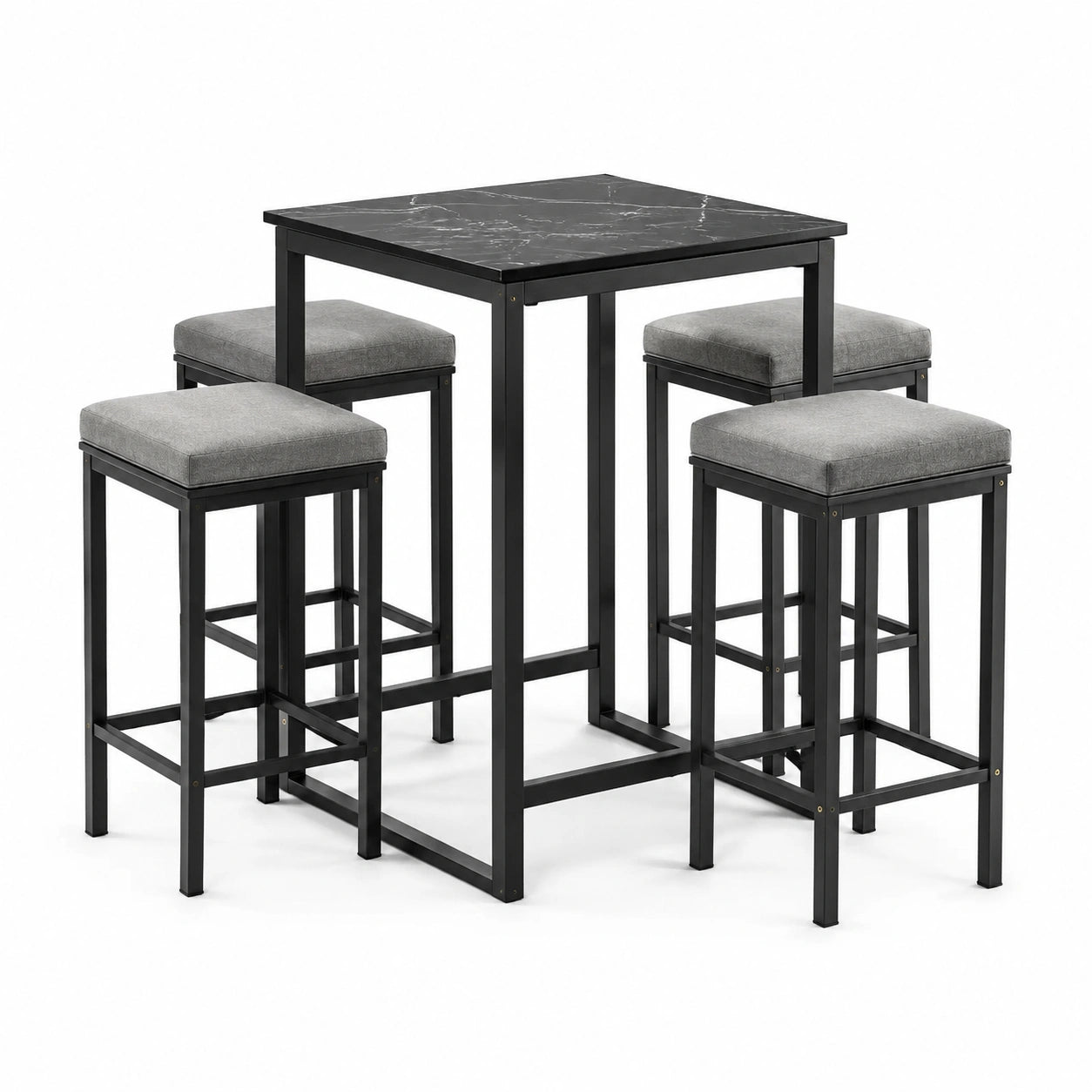 Table haute en métal noir avec dessus en marbre et 4 tabourets en tissu gris
