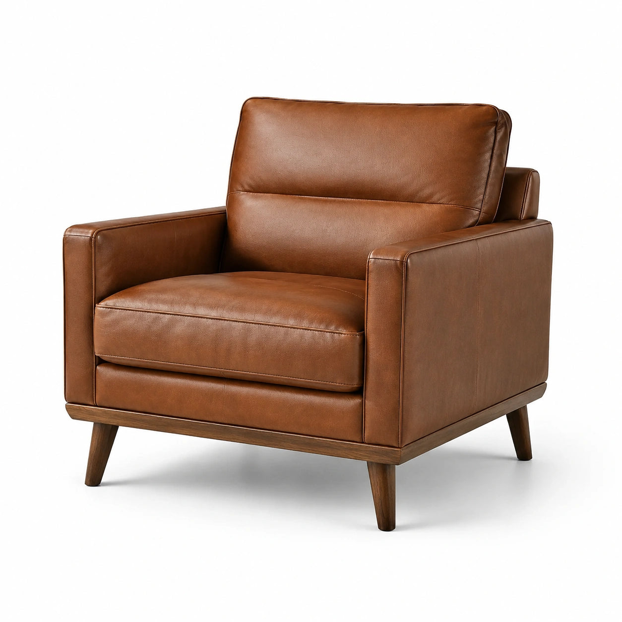 Fauteuil en cuir synthétique marron avec pieds en bois