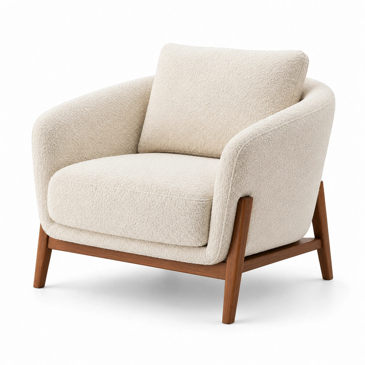 Fauteuil en tissu bouclé beige avec cadre en bois