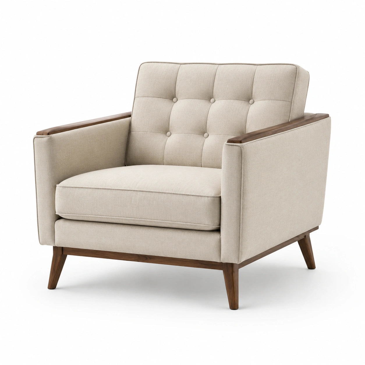 Fauteuil en tissu beige avec accoudoirs en bois