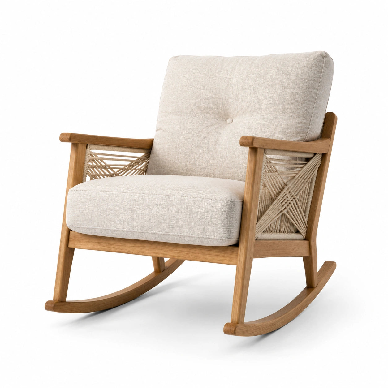 Fauteuil à bascule en bois et lin beige avec cordage