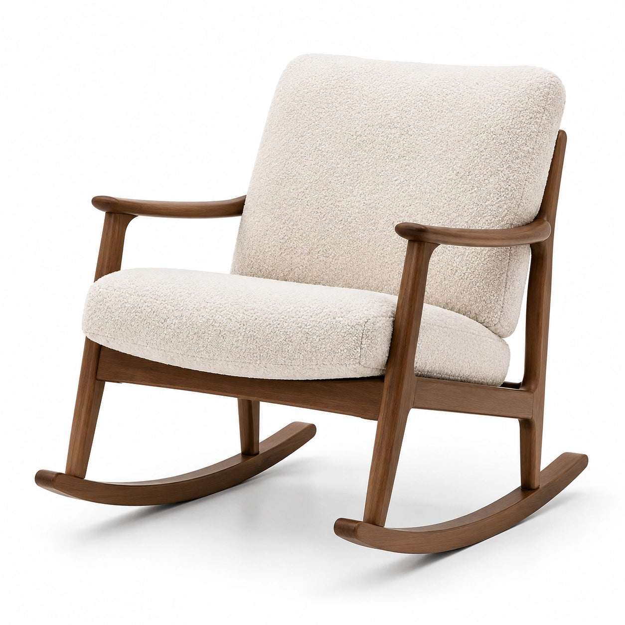 Fauteuil à bascule en bois et tissu bouclé beige
