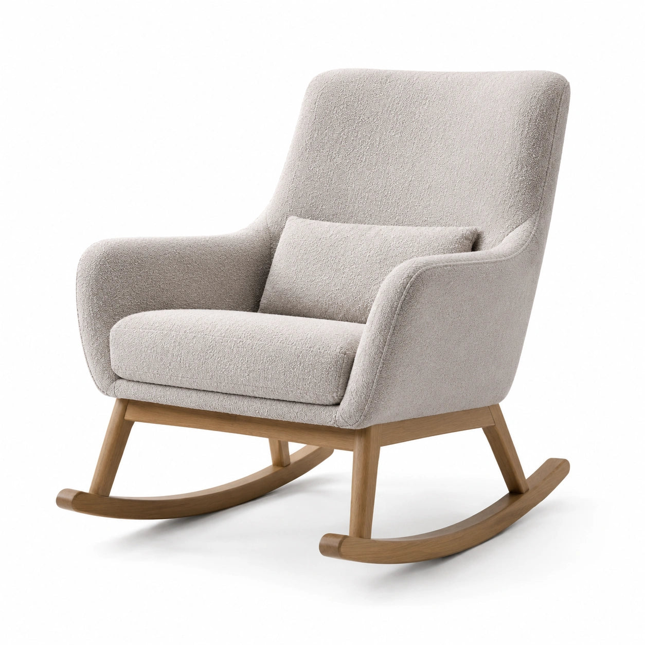 Fauteuil à bascule en bois et tissu bouclette blanc cassé