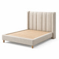 Lit double en bois avec tête de lit en tissu beige 200x160 cm