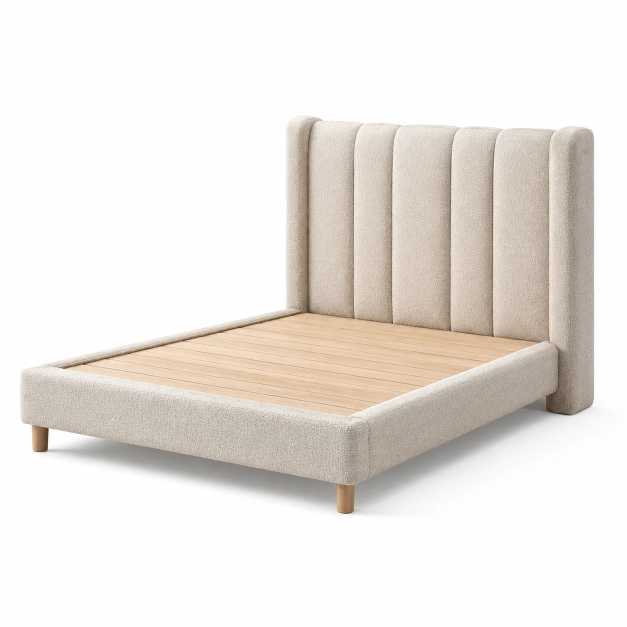 Lit double en bois avec tête de lit en tissu beige 200x160 cm