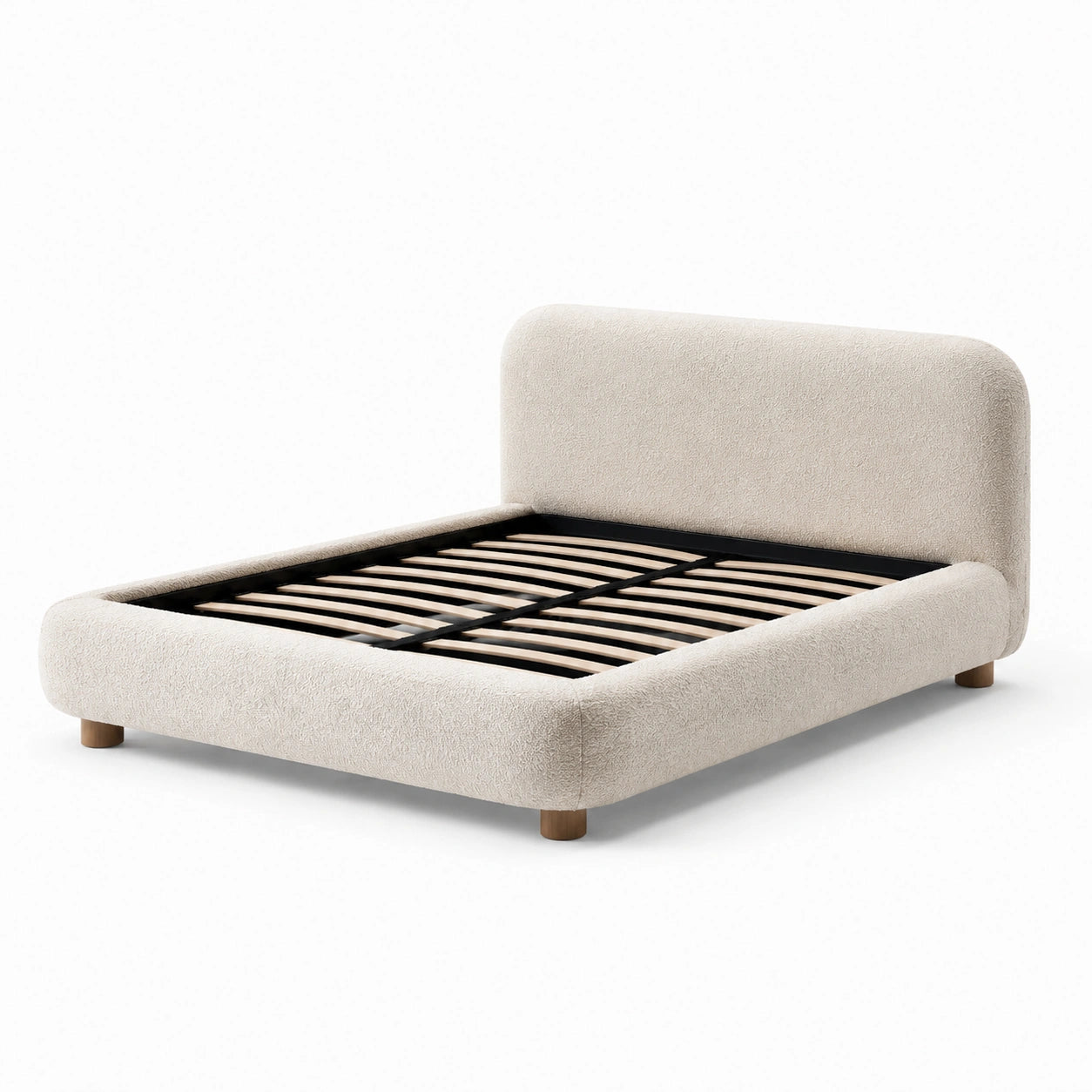 Lit double en bois et tissu bouclé beige 160x200 cm