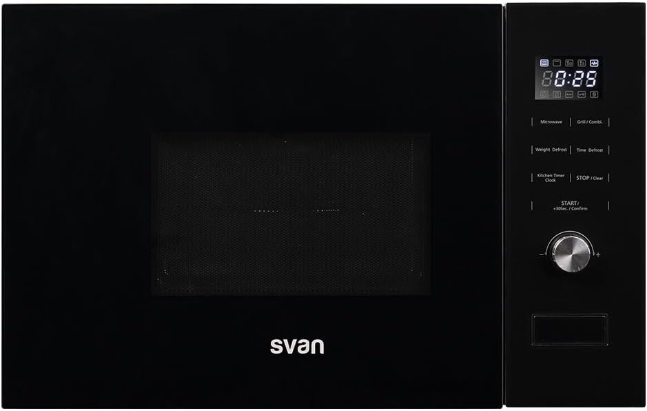 Four à micro-ondes SMWI2800DGN, 38 cm × 59 cm × 31 cm, 20 L, 800 W, acier inoxydable, verre, noir, grill, encastrable, 5 programmes, SVAN