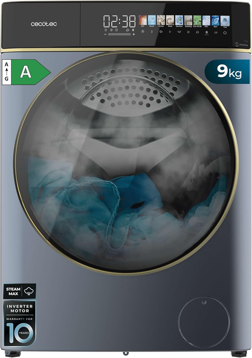 Cecotec lave-linge, 52 cm, 9 kg, 1400 Tr/min, 10,3 pouces, bleu, frontal, 11 programmes
