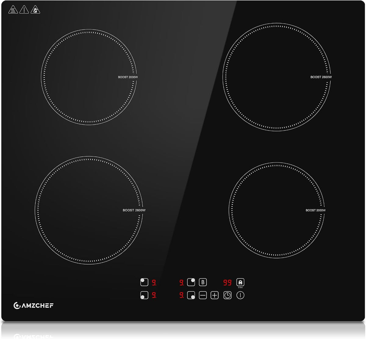Table de cuisson, 60 cm, 7400 W, encastrable, induction, 4 feux, 9 niveaux, AMZCHEF