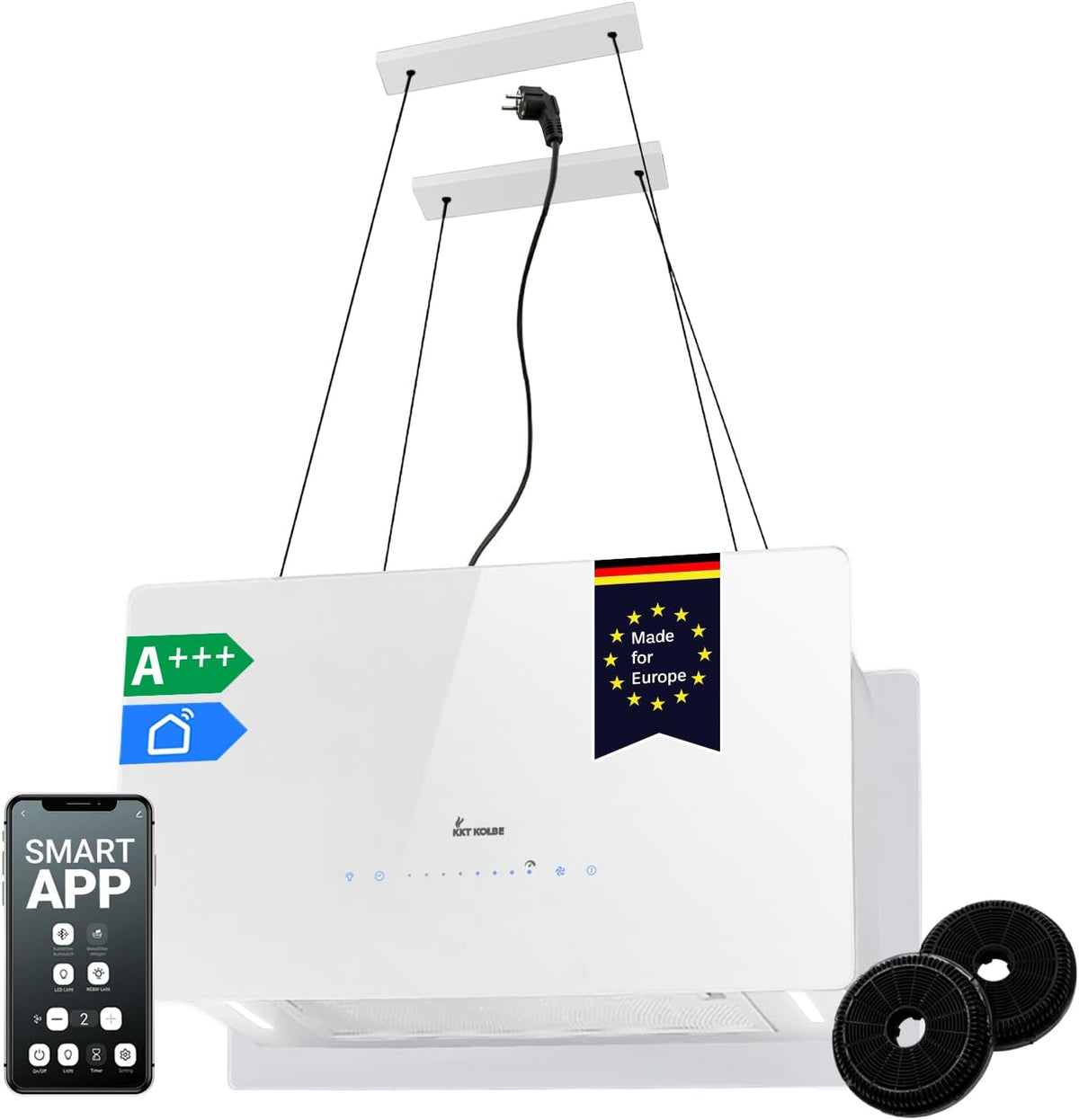 Hotte aspirante CUBE60FW, 60 cm, 764 m³/h, avec éclairage LED, avec Wi-Fi, commande intelligente, verre, blanc, 9 niveaux, KKT KOLBE