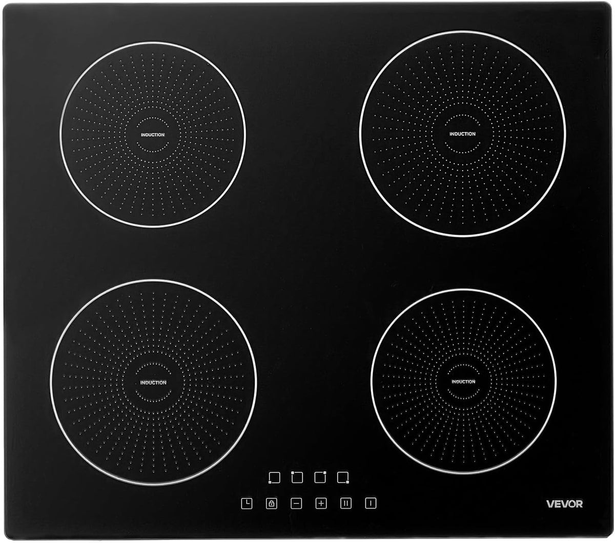 Table de cuisson, 59 cm, 7000 W, avec éclairage LED, induction, encastrable, électrique, vitrocéramique, 4 feux, pour la cuisine, VEVOR