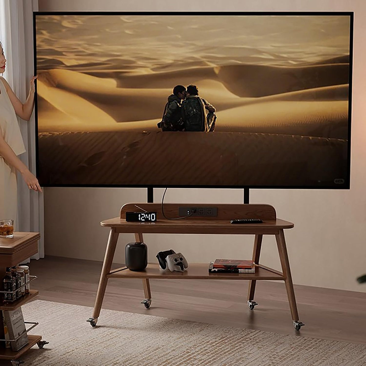 Support TV mobile, 400 × 400 mm, 85 pouces, 150 kg, réglable, marron, portable
