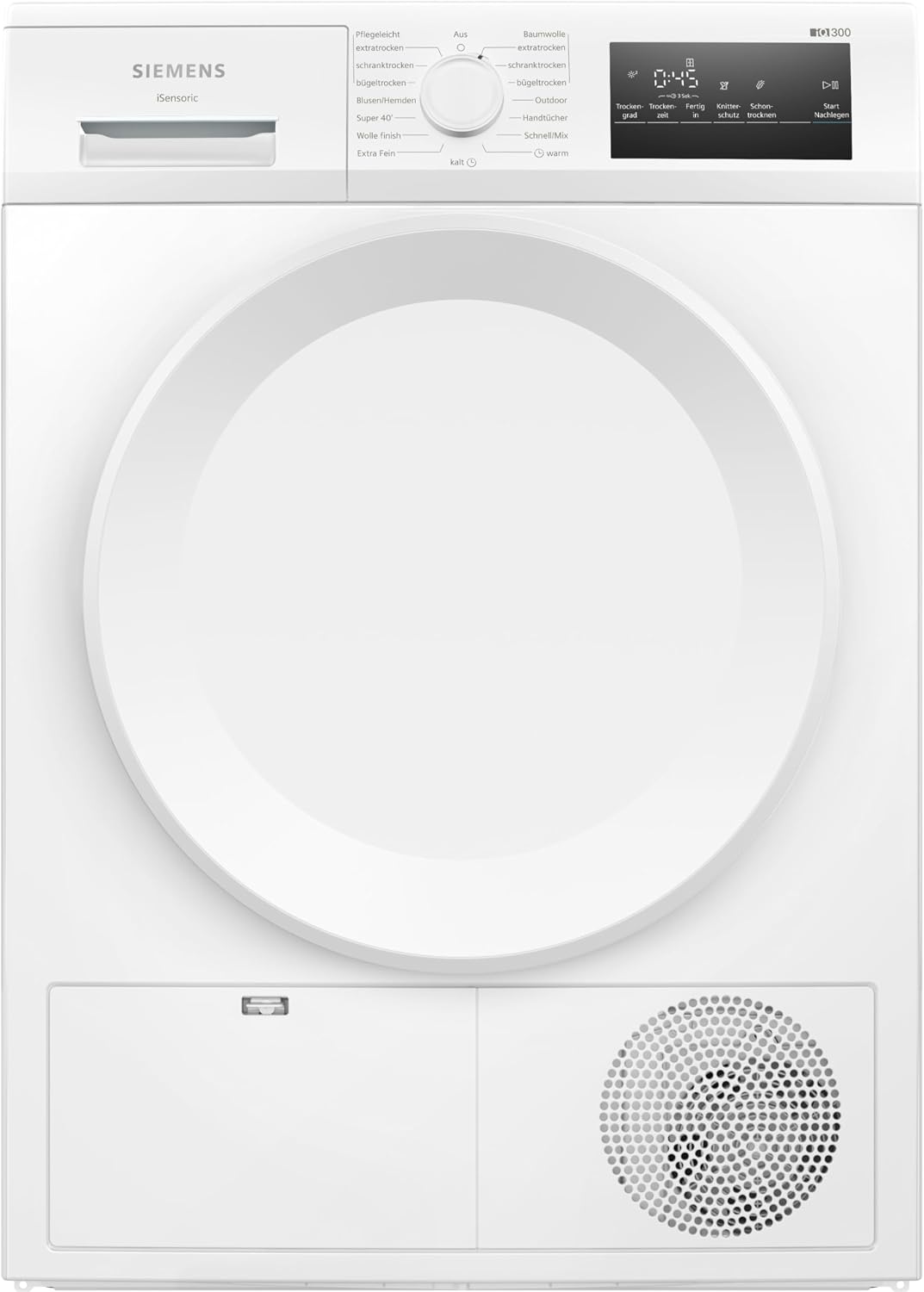 Siemens WT43H004 sèche-linge, 84,2 cm × 59,8 cm, 8 kg, 65 dB, avec éclairage LED, blanc, pompe à chaleur