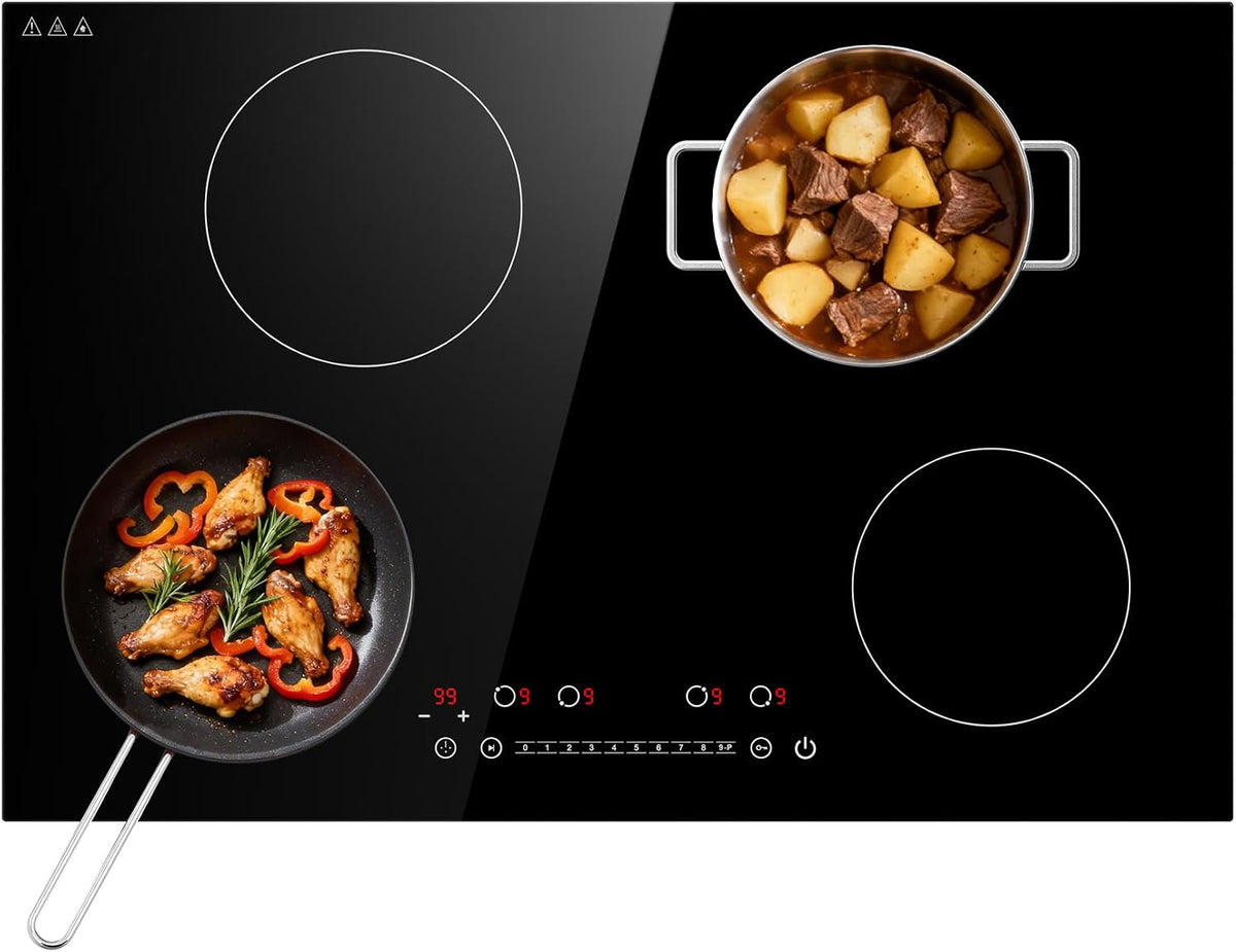 Table de cuisson, 77 cm, 6400 W, induction, électrique, encastrable, 4 feux, 9 niveaux, pour la cuisine, GTKZW
