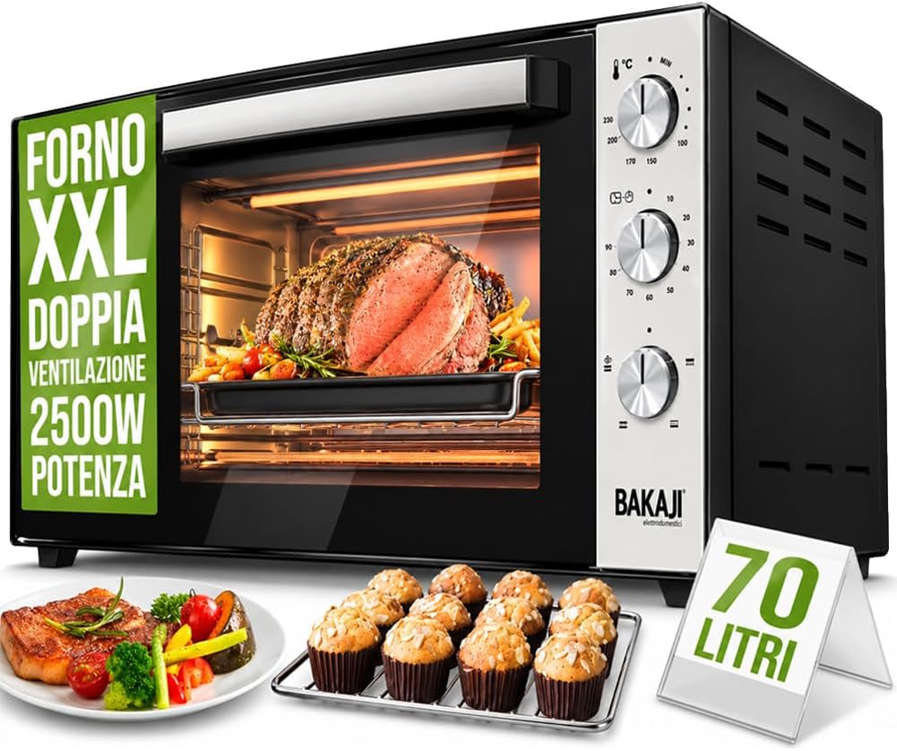 Mini-four, 61 × 44 × 41 cm, 48 L, 2000 W, 250 °C, réglable, acier, électrique, BAKAJI