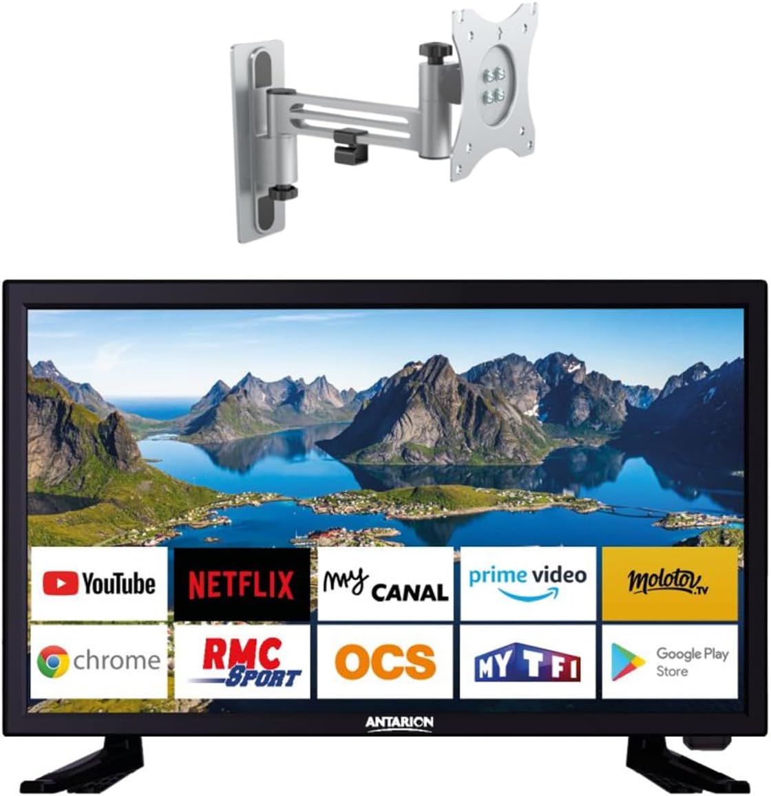 Pack téléviseur LED avec support, 54 cm, 21,5 pouces, commande intelligente, Full HD, Antarion