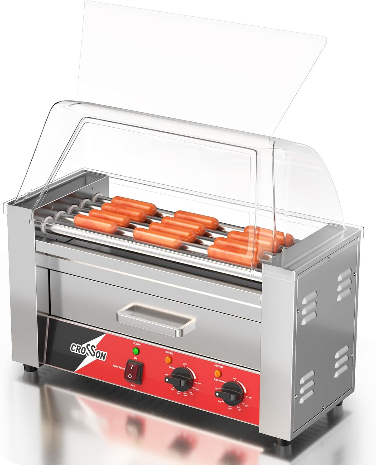 Tiroir chauffant, 1050 W, avec tiroirs, acier inoxydable, grill, 5 rouleaux, crosson