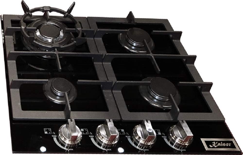 Table de cuisson KCG 6387, 60 cm, 3,8 kW, verre, noir, à gaz, gaz naturel, propane, 4 zones, Kaiser Olan