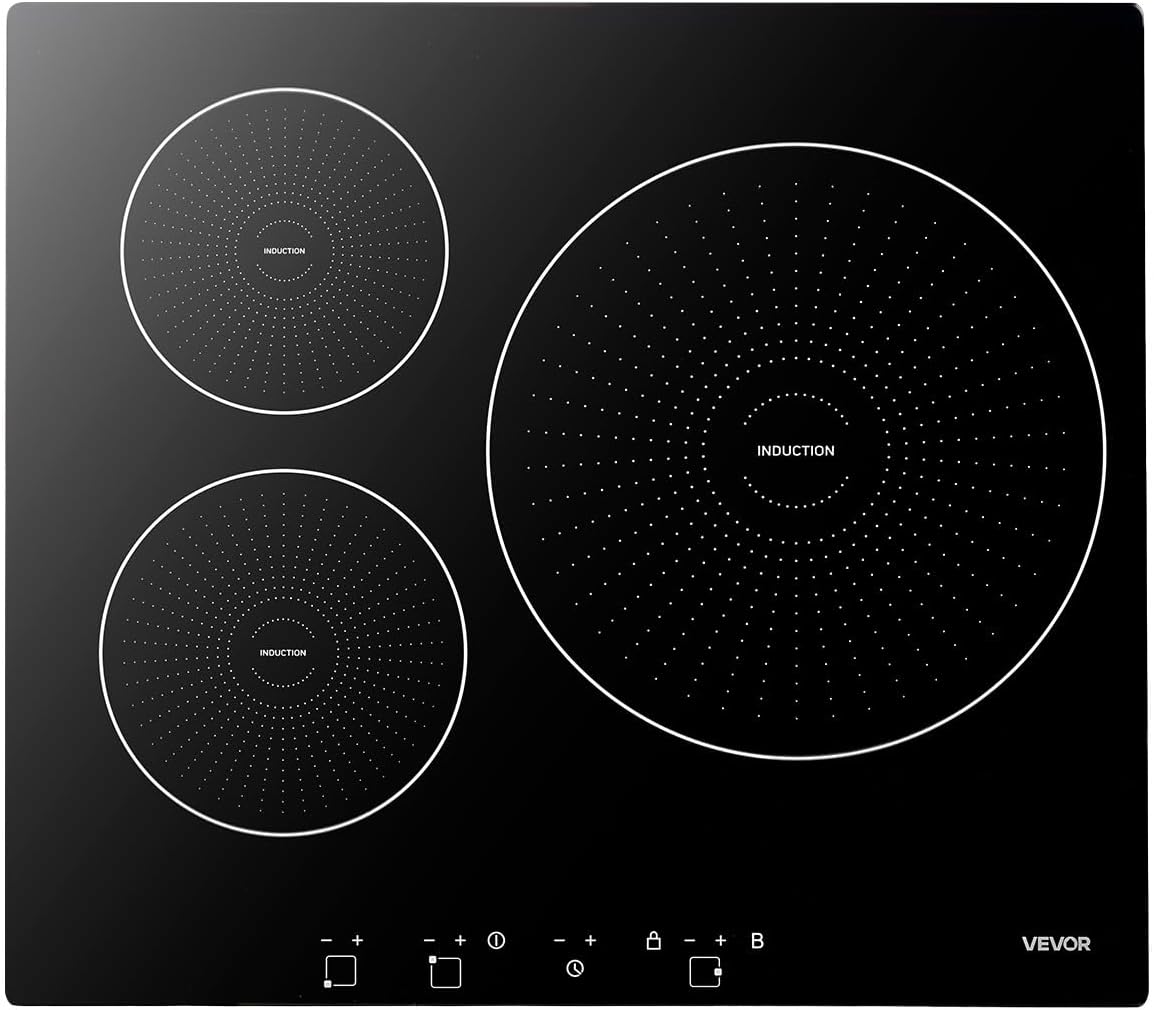 Table de cuisson, 59 cm, 6200 W, avec éclairage LED, induction, encastrable, électrique, vitrocéramique, 3 feux, pour la cuisine, VEVOR