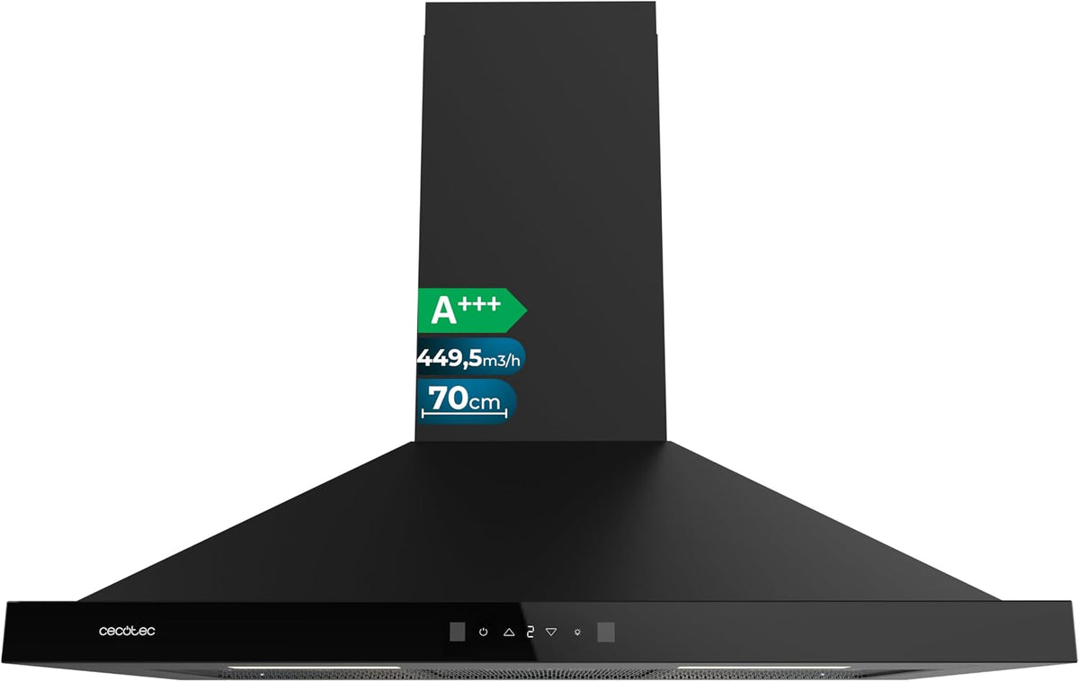 Cecotec PT 704400 hotte aspirante, 70 cm, 449,5 m³/h, verre, noir, frontal